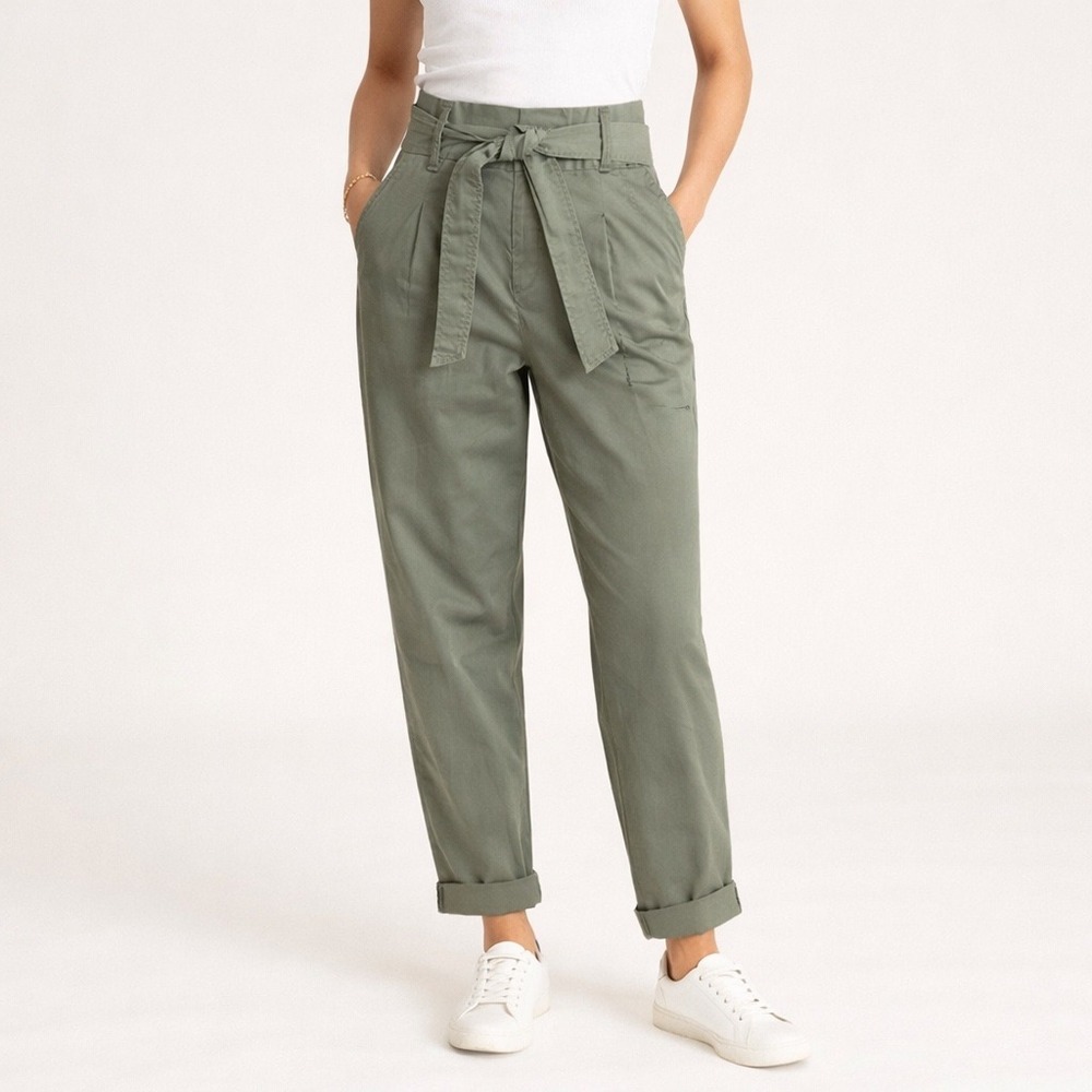 Polo Ralph Lauren Olive Paperbag Waist Pleated Chino Pants Belted Tapered Size 0